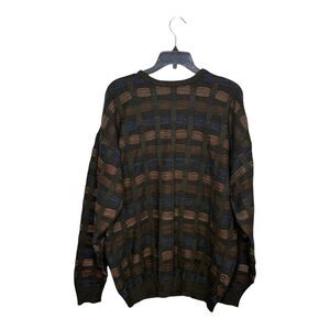 Vintage Serafini Patterned Knit Sweater Mens XL Textured Earthtones Blue Brown